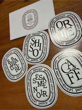 Diptyque stickers SET OF FIVE — shiso, sesame noir, cafe, rhubarb, and ortie